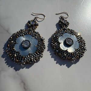 Miguel Ases MoP Floral Earrings Signature Intricate Bead Embroidery.